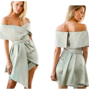 NEW Lulu's Sage Asymmetrical Off the Shoulder Satin Mini Dress